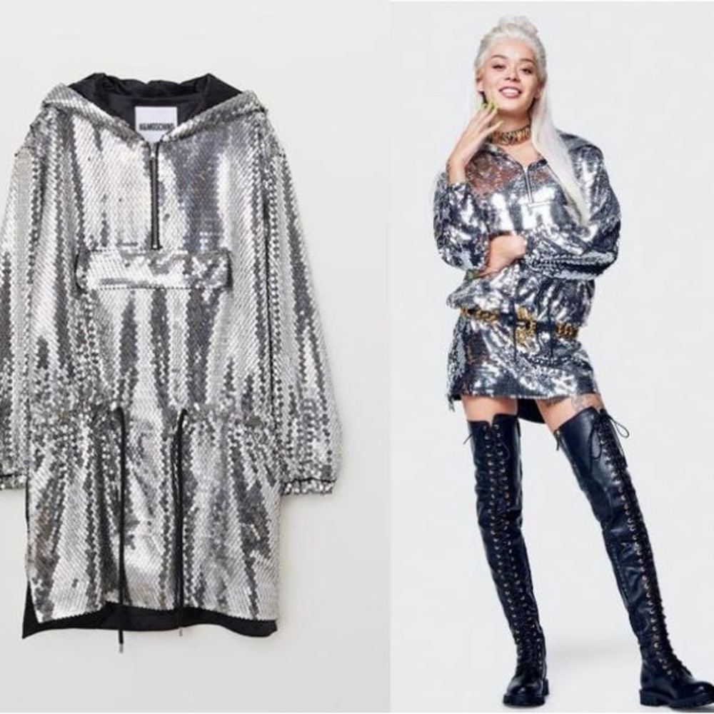 H&Moschino Silver Sequin Hooded Jacket Jeremy Scott XS